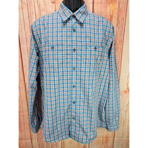 Orvis Mens Active Fit Plaid Button-Down Blue/Orange Nylon/Polyester Shirt Medium